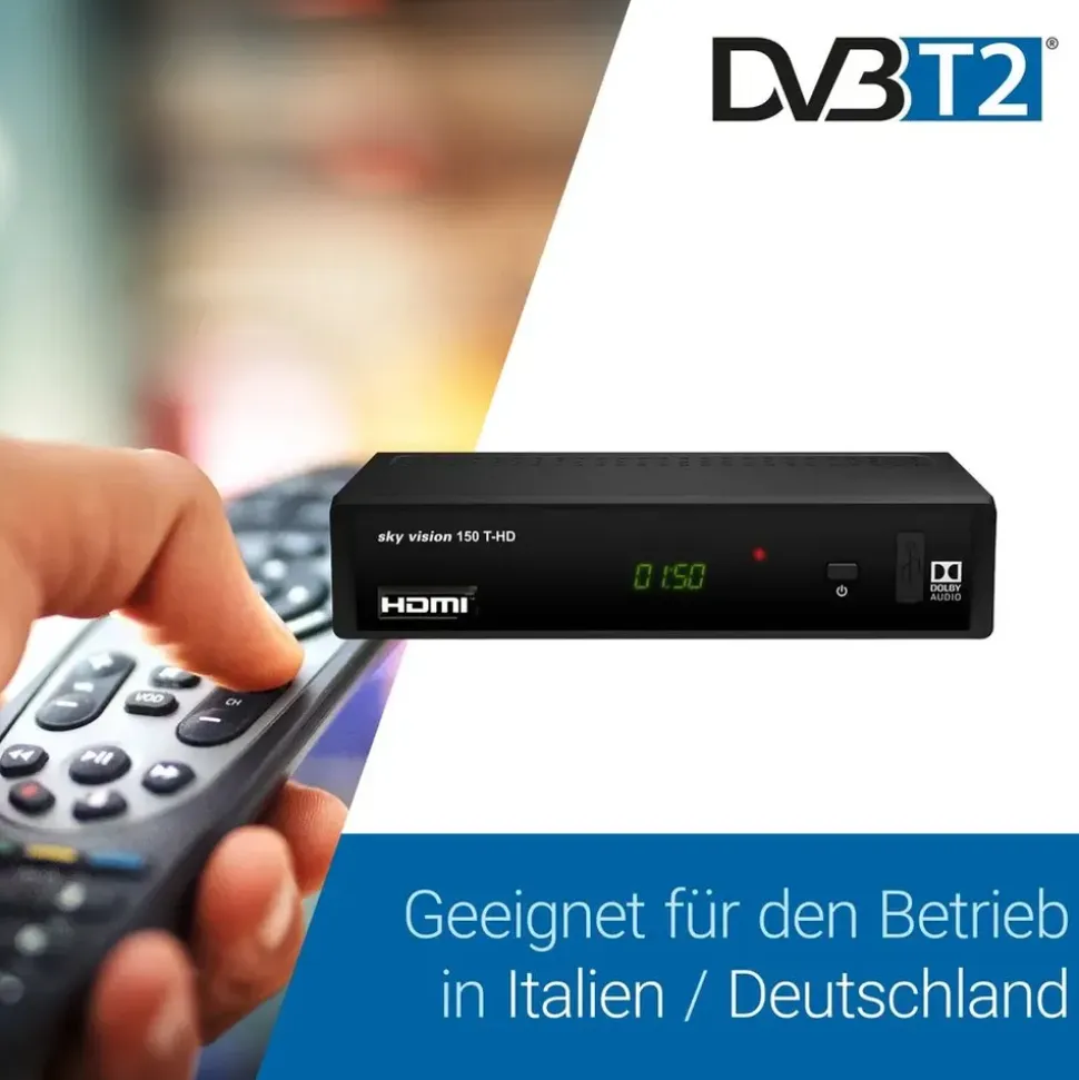 Sky Vision 150 T-HD, 1080p HDTV DVB-T2 Receiver, USB, HDMI, SCART, Coaxial - Schwarz