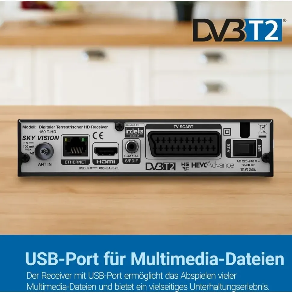Sky Vision 150 T-HD, 1080p HDTV DVB-T2 Receiver, USB, HDMI, SCART, Coaxial - Schwarz
