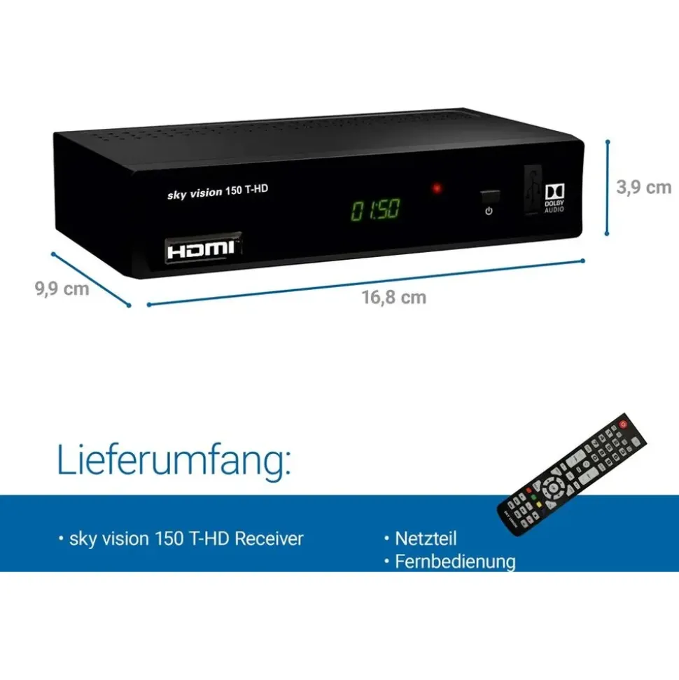 Sky Vision 150 T-HD, 1080p HDTV DVB-T2 Receiver, USB, HDMI, SCART, Coaxial - Schwarz