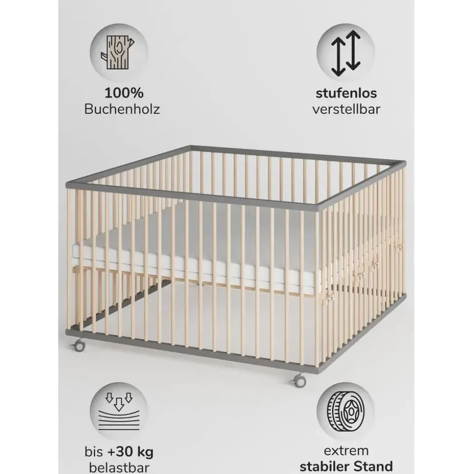 Sämann Laufgitter mit Matratze Cloud Air – Schlupfsprossen grau/natur Premium | Gr.: 120x120 cm,
