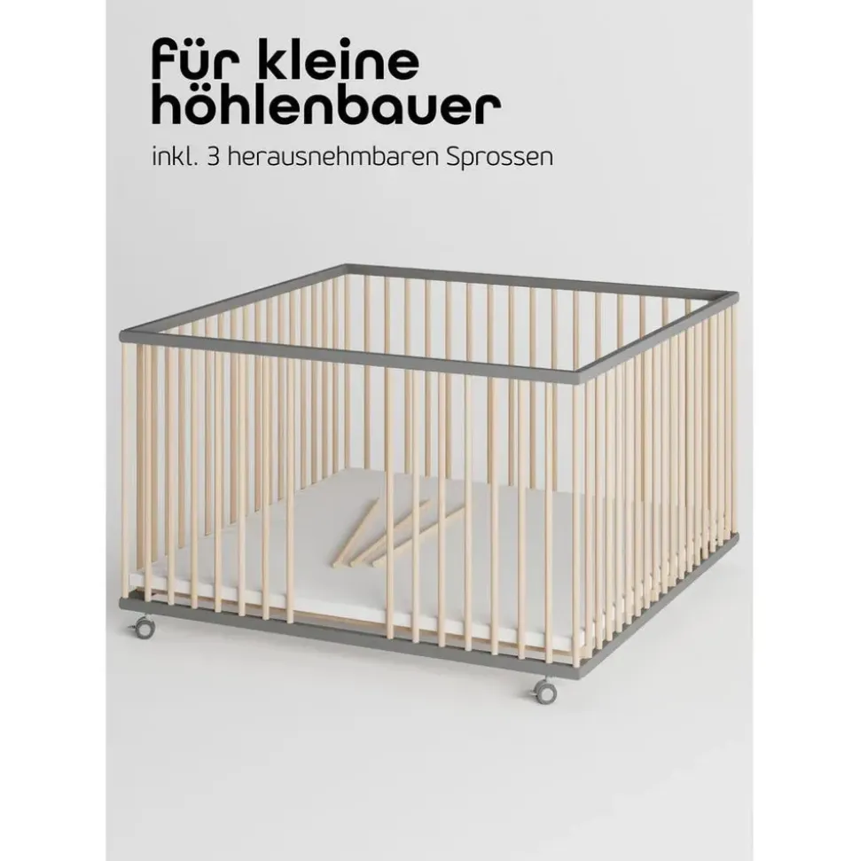 Sämann Laufgitter mit Matratze Cloud Air – Schlupfsprossen grau/natur Premium | Gr.: 120x120 cm,