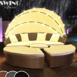 Swing&Harmonie LED Polyrattan Sonneninsel inkl. Abdeckcover braun/weiß