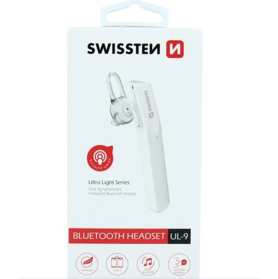 Swissten Ultraleichtes UL-9 Bluetooth-Freisprech-Headset mit MultiPoint - Weiß