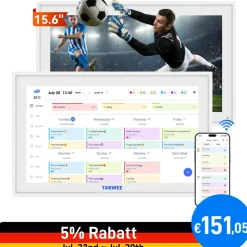 tabwee P15 15,6-Zoll 1080P Full-HD Touchscreen Digitaler Kalender mit WLAN & eCalendar-App-Unterstützung Weiß