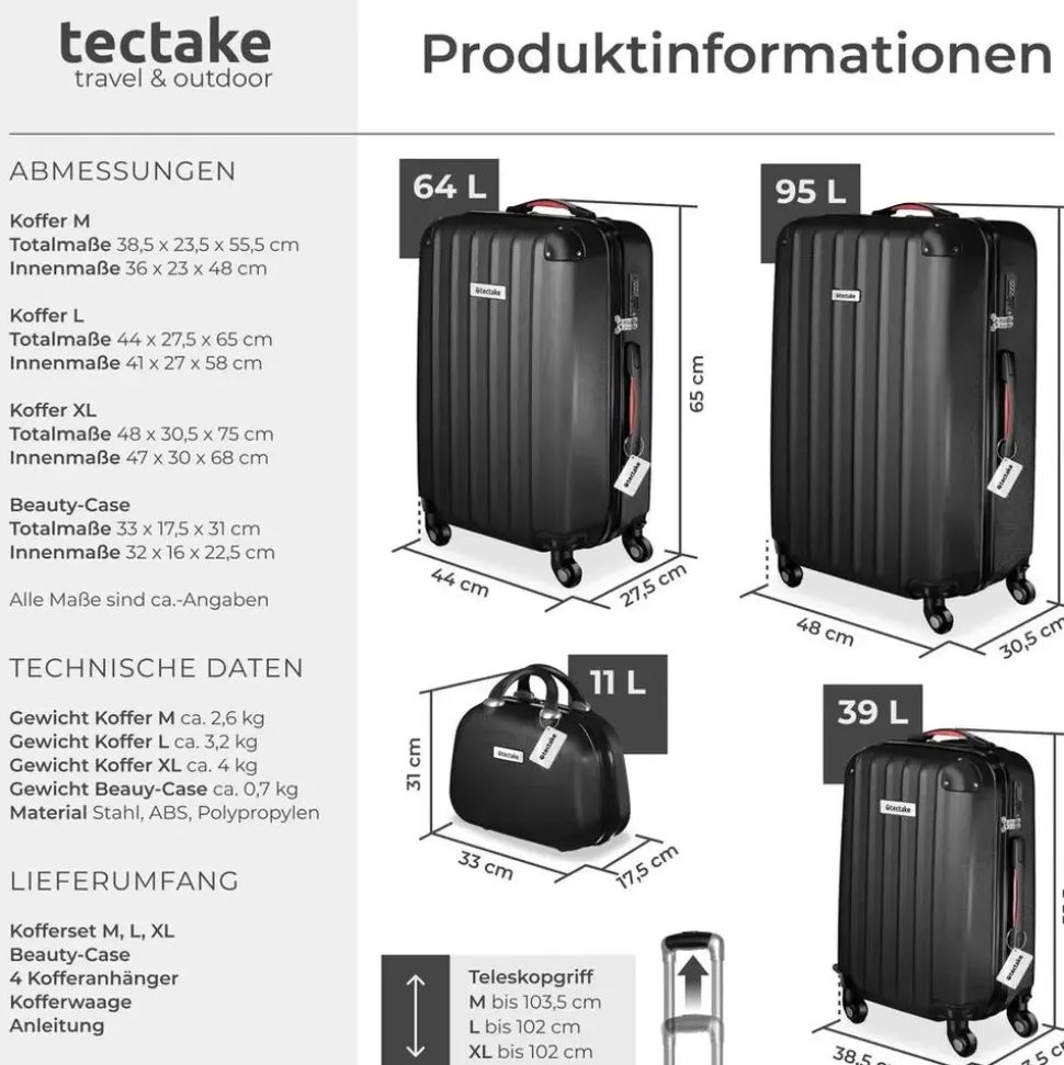 Tectake Koffer-Set 4-tlg. schwarz