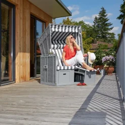 Tectake Strandkorb mit Polster grau/weiß