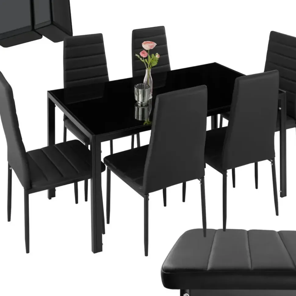 Tectake tectake® Esszimmergruppe, 7-teilig, gepolstert mit Kunstlederbezug, bodenschonende Kunststoffkappen