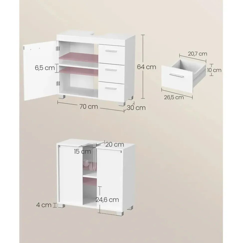 VASAGLE Waschbeckenunterschrank 70 x 64 cm Weiß