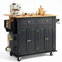 Vevor Kücheninselwagen, 110 cm mobiler Wagen mit Holzplatte und Lagerschrank, Rolltisch mit Klappplatte, Gewürzregal, Handtuchhalter, verstellbarem Regal, Schublade und Haken, tragbare Inseln Rollbar