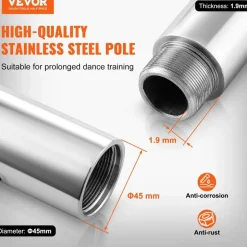 Vevor Professionelle Tanzstange, Pole Dance Tragbare Tanzstange Profi ca. 222,6-282,4 cm Höhenverstellbare Abnehmbare Fitnessstange Spinning Fitness Silber, Tanzstange Fitnessstudios, Club, Party