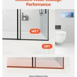 Vevor Rahmenlose Schiebetür für Badewanne Duschglastür (1422-1524 x 1524 mm), Schiebetür für Badewanne mit 5/16 Zoll klarem gehärtetem Glas und Edelstahlgriff, schwarzes Finish