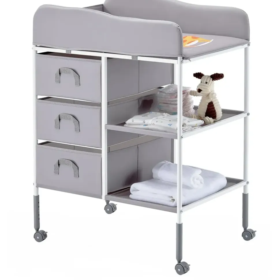 Vevor Wickeltisch tragbare Wickelstation mit 3 Stoffschubladen & feststellbaren Rädern, höhenverstellbarer multifunktionaler Baby-Wickelkombi mit Aufbewahrungs-Organizer fürs Kinderzimmer Grau