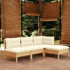 vidaXL Garten-Lounge-Set 4-tlg. creme Kissen/Kiefernholz