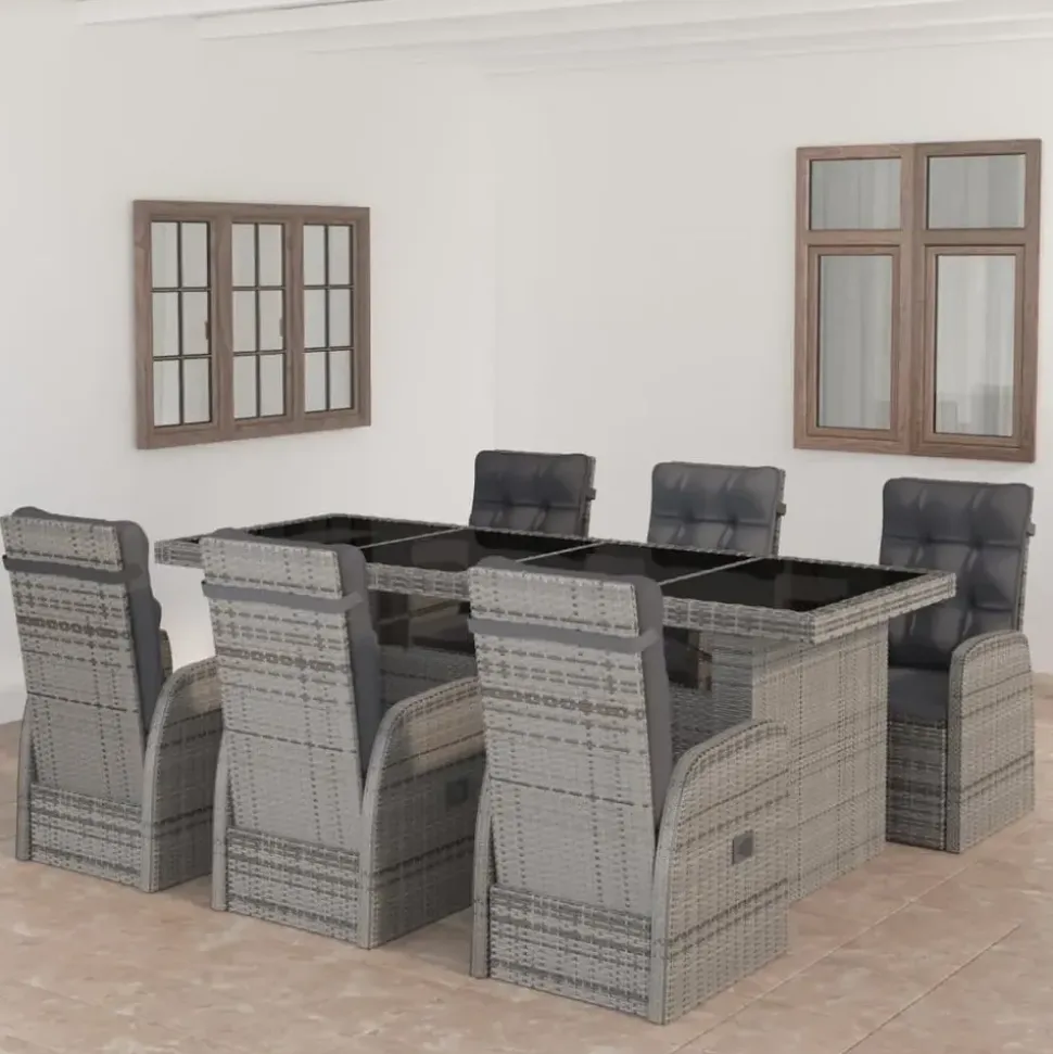 vidaXL Polyrattan Garten-Essgruppe 7-tlg. grau inkl. Auflagen 3059344