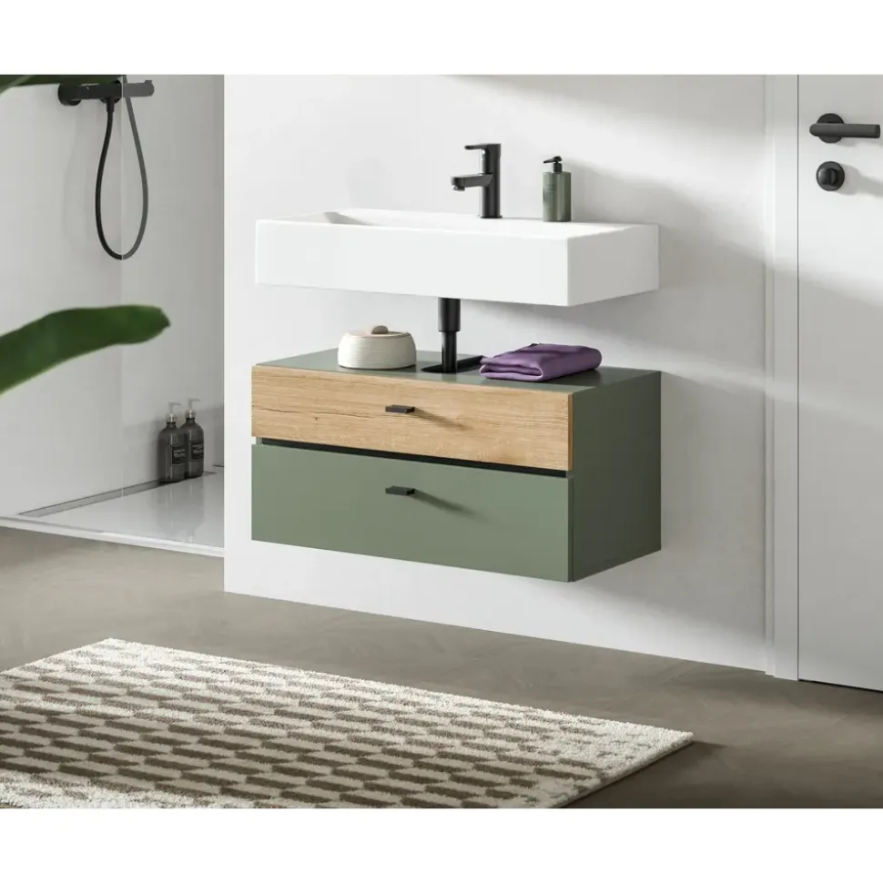 WELLTIME Waschbeckenunterschrank VANN 2 Schubkästen 75 x 35 cm Grün/Schwarz