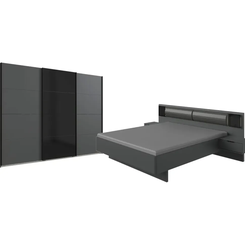 WIMEX Schlafzimmer-Set "Barcelona", grau (graphit, abgesetzt glas schwarz), B:289cm H:208cm T:210cm, Holzwerkstoff, Spanplatte, Schlafzimmermöbel-Sets, 4-teiliges Set
