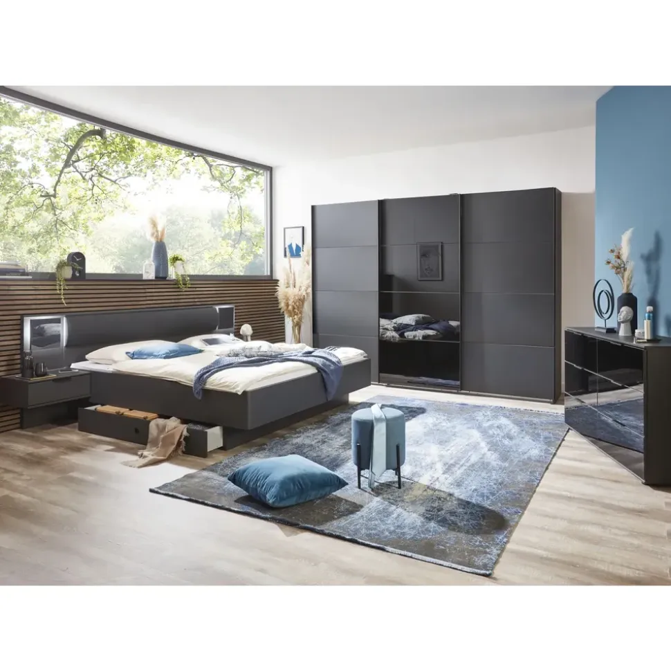 WIMEX Schlafzimmer-Set "Barcelona", grau (graphit, abgesetzt glas schwarz), B:289cm H:208cm T:210cm, Holzwerkstoff, Spanplatte, Schlafzimmermöbel-Sets, 4-teiliges Set