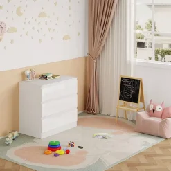 Woltu Wickelkommode mit Wickelaufsatz, Wickeltisch mit 3 Schubladen,Kommode weiß - Weiß