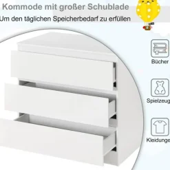 Woltu Wickelkommode mit Wickelaufsatz, Wickeltisch mit 3 Schubladen,Kommode weiß - Weiß
