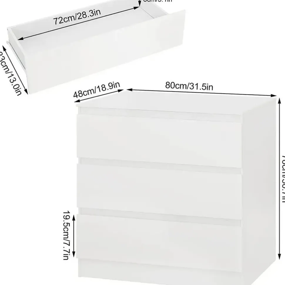 Woltu Wickelkommode mit Wickelaufsatz, Wickeltisch mit 3 Schubladen,Kommode weiß - Weiß
