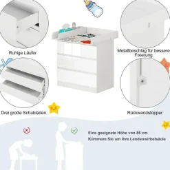 Woltu Wickelkommode mit Wickelaufsatz, Wickeltisch mit 3 Schubladen,Kommode weiß - Weiß