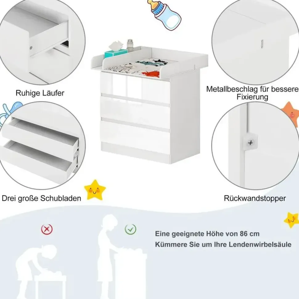 Woltu Wickelkommode mit Wickelaufsatz, Wickeltisch mit 3 Schubladen,Kommode weiß - Weiß