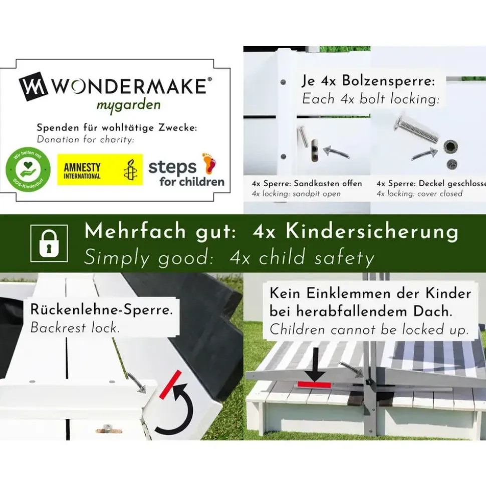 wondermake® Sandkasten mit Dach und Abdeckung grau/schwarz/weiß