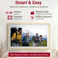 Xoro CPF 15 Digitaler Bilderrahmen in Buchenholz, 1920x1080 HD IPS Touchscreen, 32GB, Auto-Rotation & Sofort-Foto-/Video-Sharing