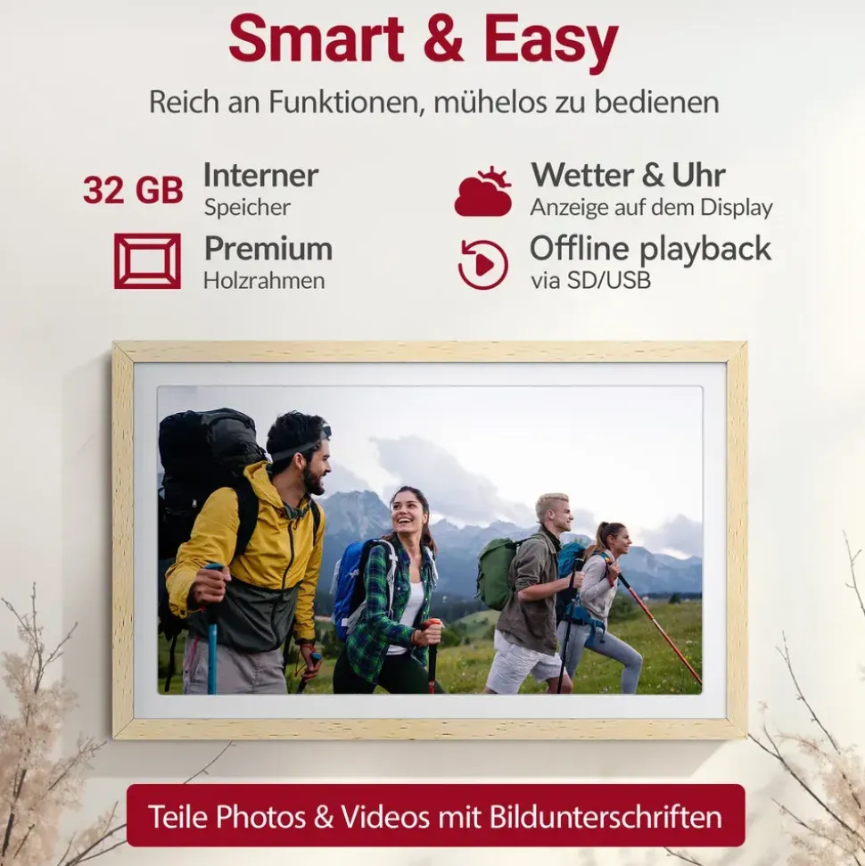 Xoro CPF 15 Digitaler Bilderrahmen in Buchenholz, 1920x1080 HD IPS Touchscreen, 32GB, Auto-Rotation & Sofort-Foto-/Video-Sharing