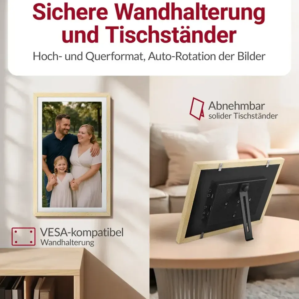 Xoro CPF 15 Digitaler Bilderrahmen in Buchenholz, 1920x1080 HD IPS Touchscreen, 32GB, Auto-Rotation & Sofort-Foto-/Video-Sharing