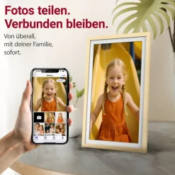 Xoro CPF 15 Digitaler Bilderrahmen in Buchenholz, 1920x1080 HD IPS Touchscreen, 32GB, Auto-Rotation & Sofort-Foto-/Video-Sharing