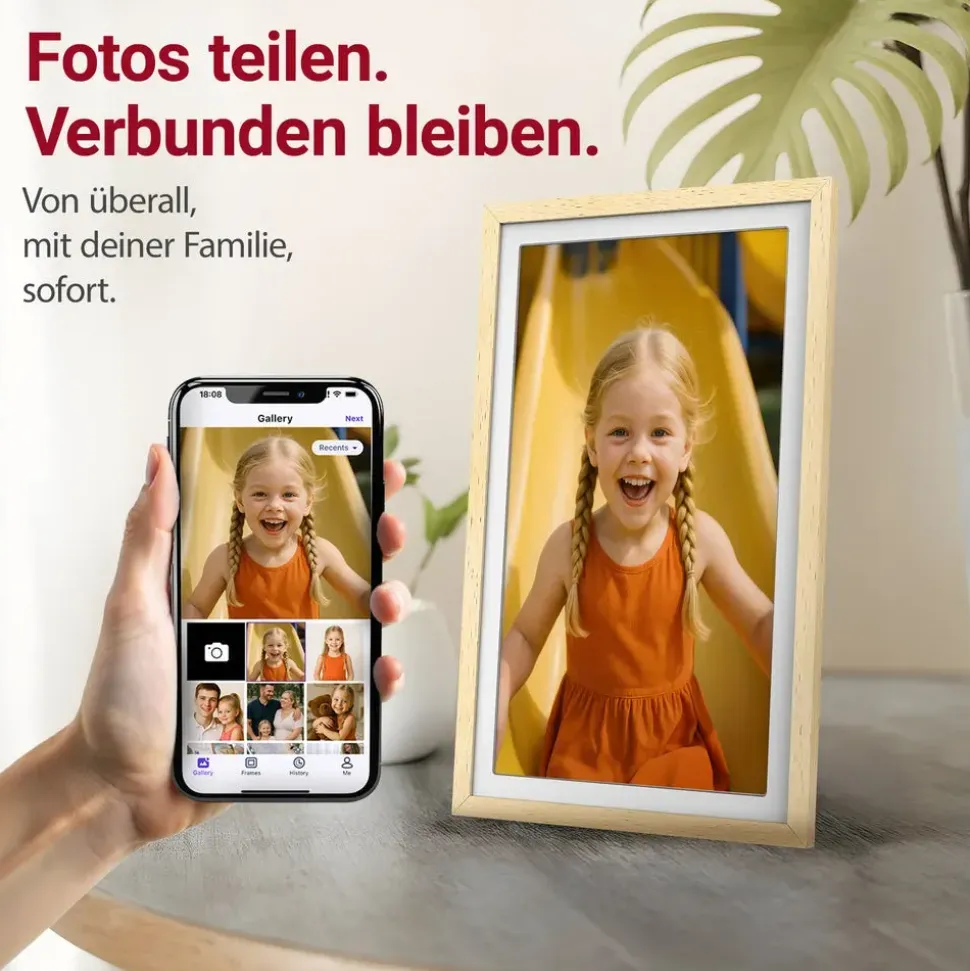 Xoro CPF 15 Digitaler Bilderrahmen in Buchenholz, 1920x1080 HD IPS Touchscreen, 32GB, Auto-Rotation & Sofort-Foto-/Video-Sharing