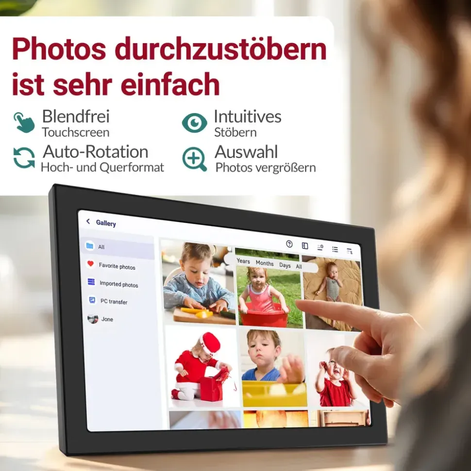 Xoro Digitaler Bilderrahmen, 1280x800 HD IPS Touch Display, 16GB Speicher, Automatische Rotation, Teilen Sie Fotos sofort von überall aus