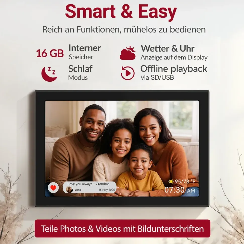 Xoro Digitaler Bilderrahmen, 1280x800 HD IPS Touch Display, 16GB Speicher, Automatische Rotation, Teilen Sie Fotos sofort von überall aus