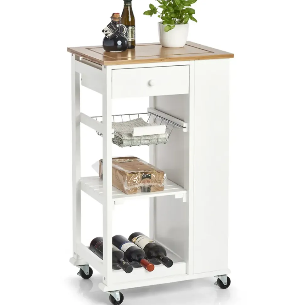 Zeller Küchenrollwagen Bambus/MDF/Metall 50 cm x 37 cm x 86,5 cm Weiß